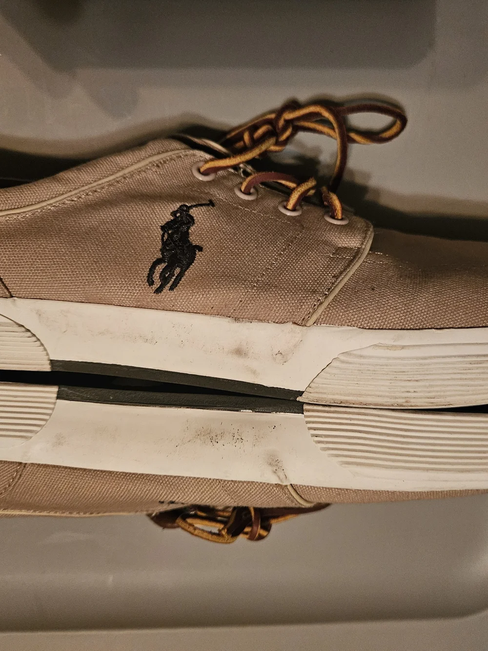 Polo by Ralph Lauren Faxon Beige/Tan Canvas Boat Shoes with Leather Accents